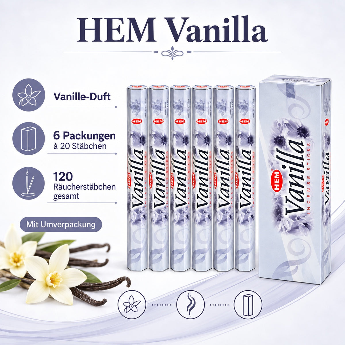 HEM Vanilla Räucherstäbchen 6er-Pack