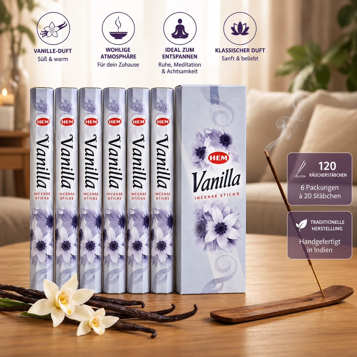 HEM Vanilla Räucherstäbchen 6er-Pack